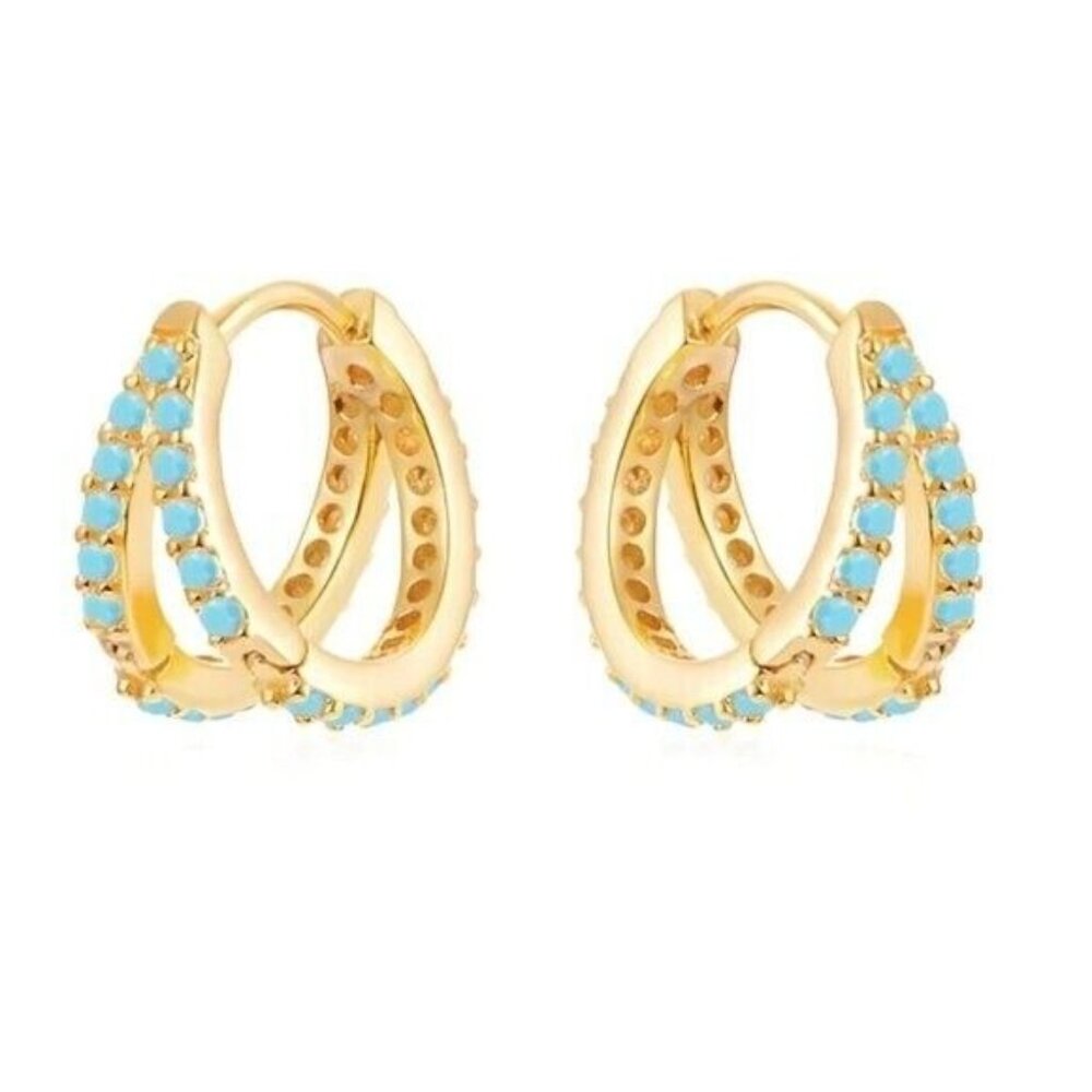 Dainty Double Huggies 18K Gold 925 Sterling Silver Double Turquoise Huggies CUTE - Picture 2 of 10